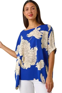 Roman Ink Blue Floral Button Detail Top