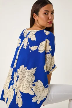 Roman Ink Blue Floral Button Detail Top