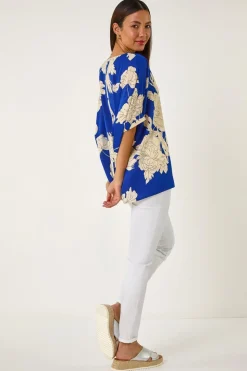 Roman Ink Blue Floral Button Detail Top