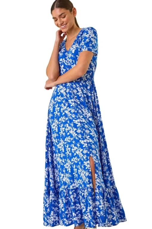 Roman Ink Blue Floral Button Maxi Dress