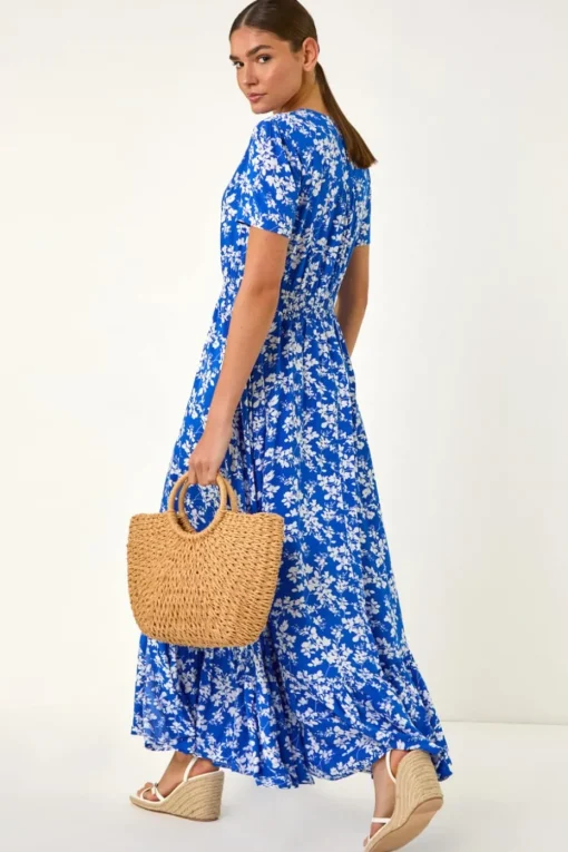 Roman Ink Blue Floral Button Maxi Dress