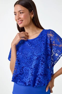 Roman Ink Blue Lace Stretch Bubble Hem Top