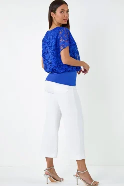 Roman Ink Blue Lace Stretch Bubble Hem Top