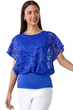 Roman Ink Blue Lace Stretch Bubble Hem Top