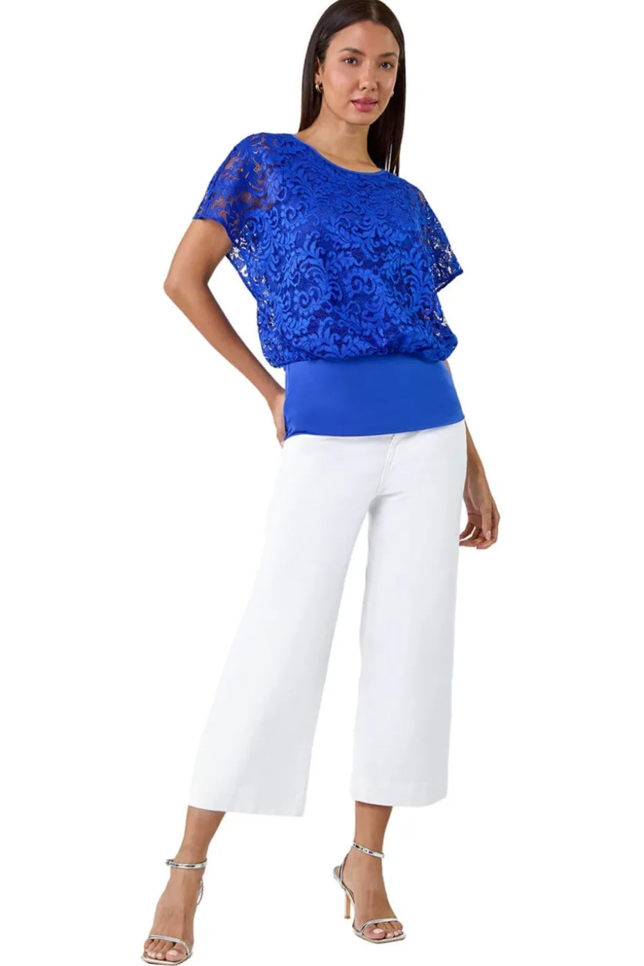 Roman Ink Blue Lace Stretch Bubble Hem Top