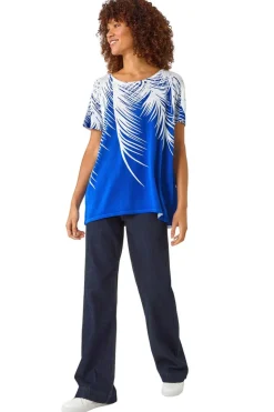 Roman Ink Blue Palm Leaf Print Crew Neck Tee