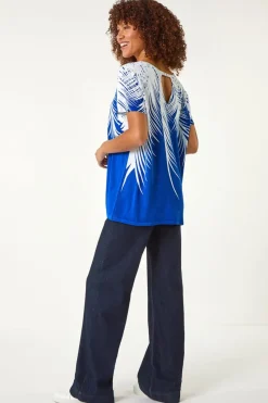 Roman Ink Blue Palm Leaf Print Crew Neck Tee