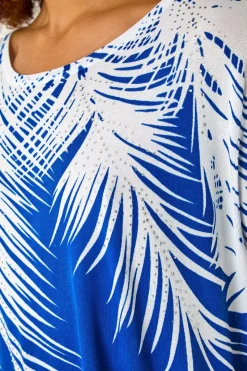 Roman Ink Blue Palm Leaf Print Crew Neck Tee