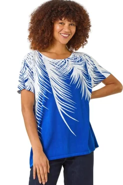 Roman Ink Blue Palm Leaf Print Crew Neck Tee