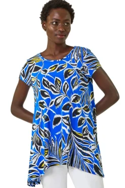 Roman Ink Blue Textured Leaf Print Stretch Tunic Top