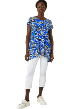 Roman Ink Blue Textured Leaf Print Stretch Tunic Top