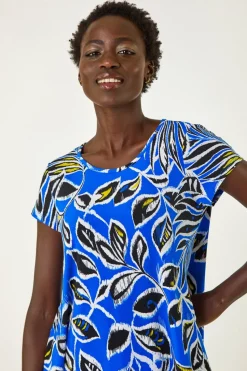 Roman Ink Blue Textured Leaf Print Stretch Tunic Top