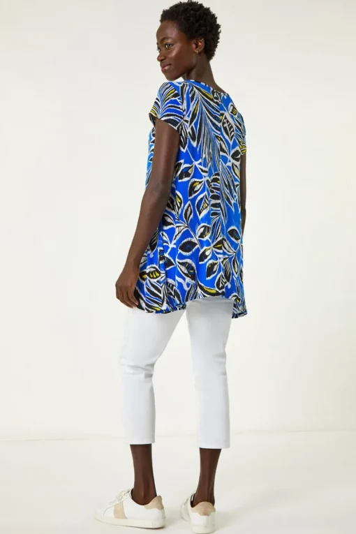 Roman Ink Blue Textured Leaf Print Stretch Tunic Top