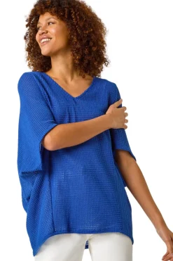 Roman Ink Blue Textured V-Neck Cocoon Stretch Top