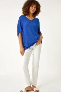 Roman Ink Blue Textured V-Neck Cocoon Stretch Top