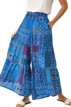 Roman Ink Blue Tile Tiered Palazzo Trouser