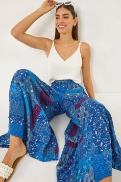 Roman Ink Blue Tile Tiered Palazzo Trouser