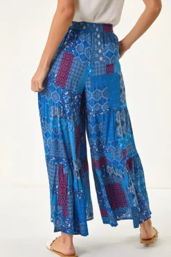 Roman Ink Blue Tile Tiered Palazzo Trouser
