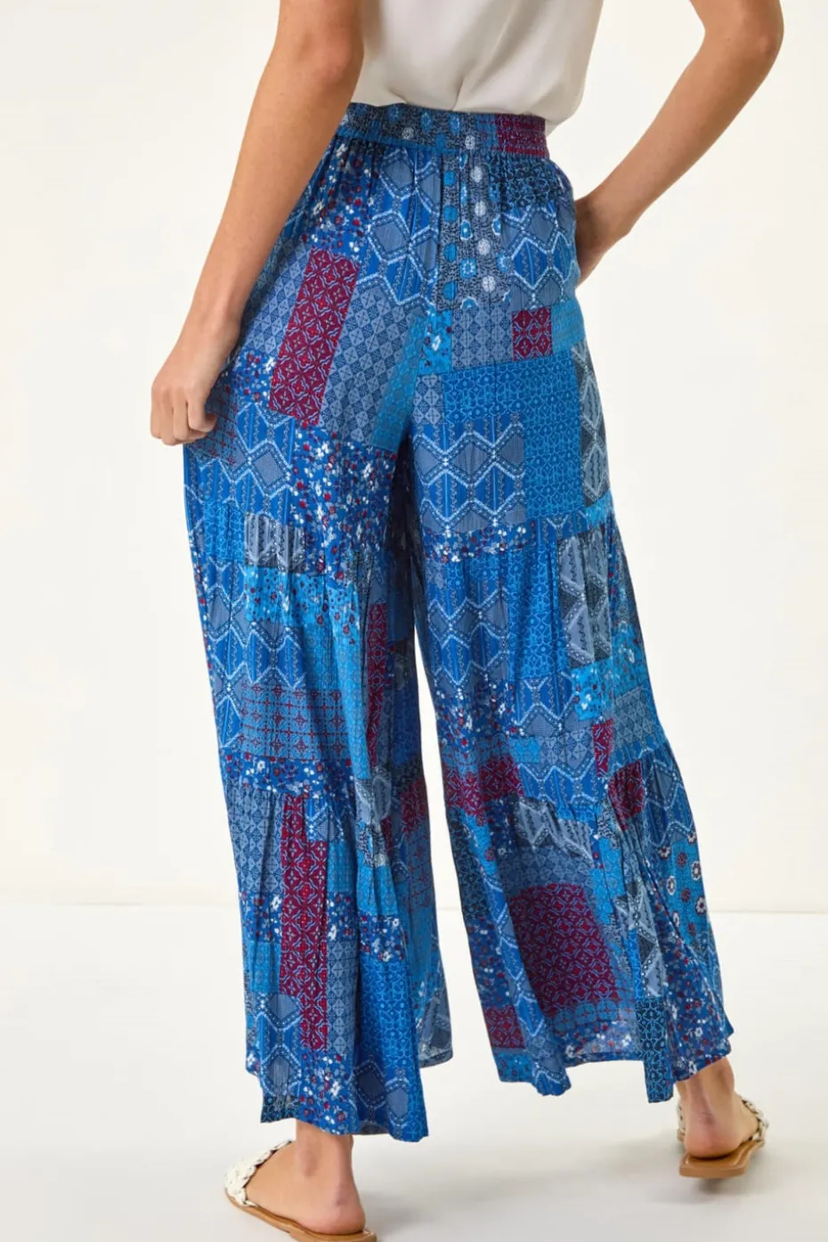Roman Ink Blue Tile Tiered Palazzo Trouser