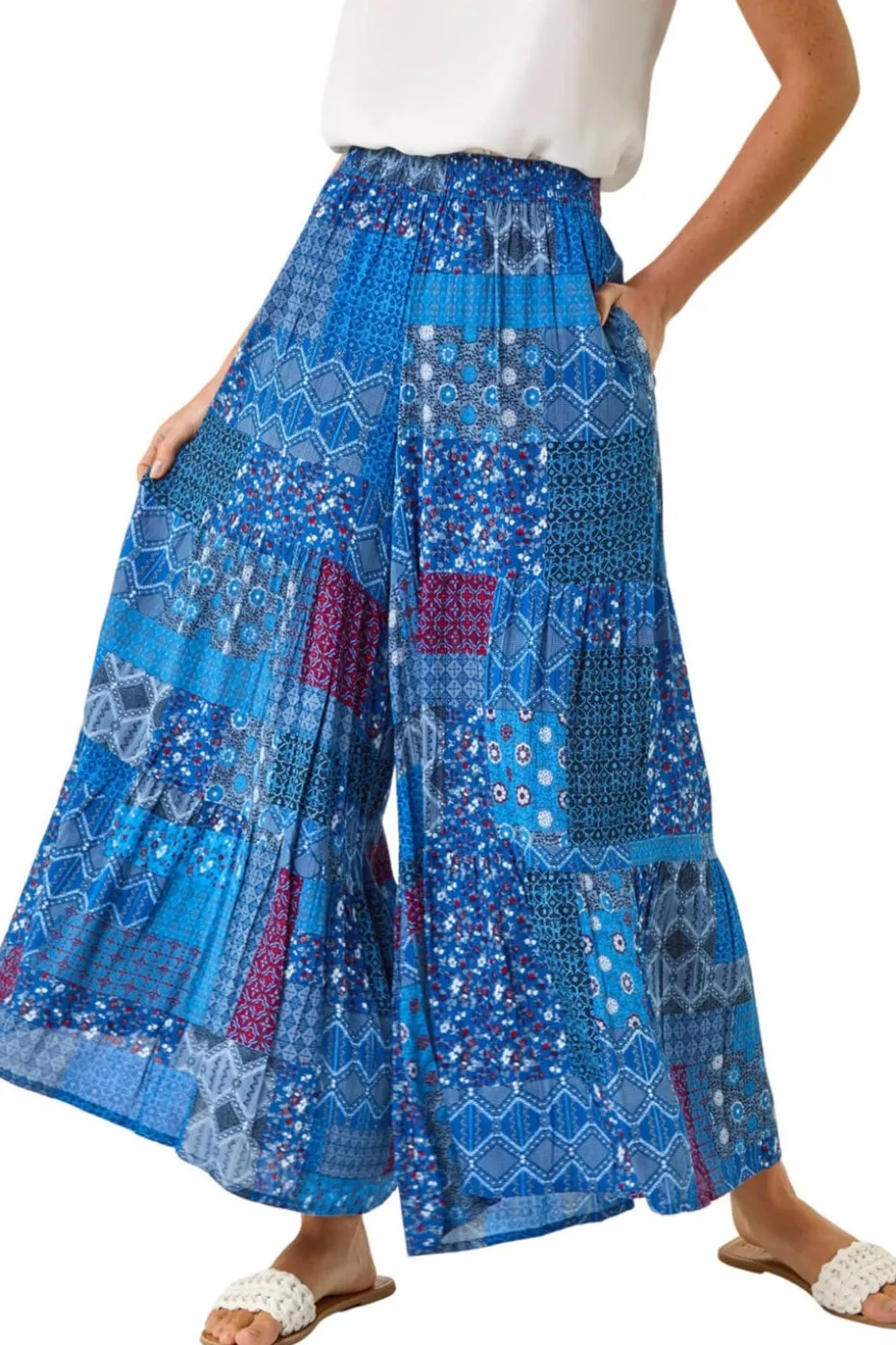 Roman Ink Blue Tile Tiered Palazzo Trouser