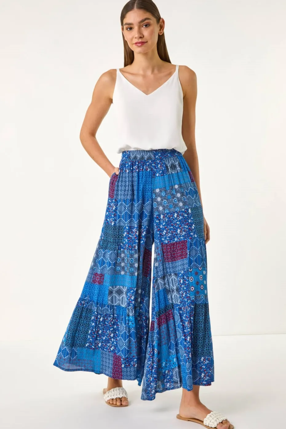 Roman Ink Blue Tile Tiered Palazzo Trouser