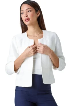 Roman Ivory 3/4 Sleeve Pleated Textured Cropped Jacket