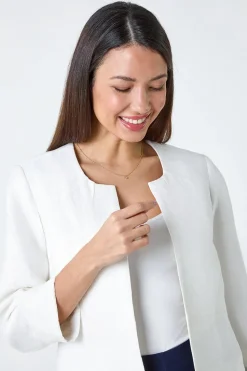 Roman Ivory 3/4 Sleeve Pleated Textured Cropped Jacket