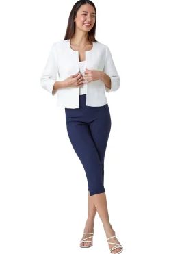 Roman Ivory 3/4 Sleeve Pleated Textured Cropped Jacket