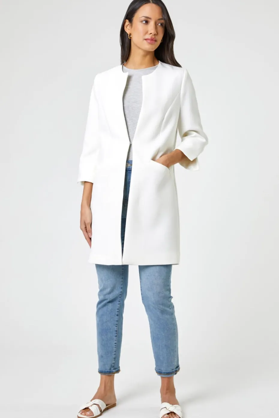 Roman Ivory 3/4 Sleeve Textured Longline Jacket