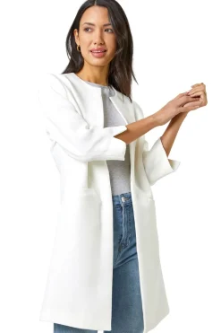 Roman Ivory 3/4 Sleeve Textured Longline Jacket