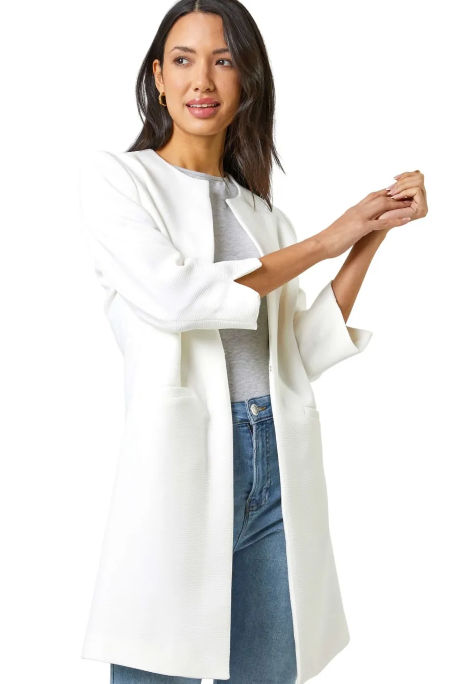 Roman Ivory 3/4 Sleeve Textured Longline Jacket