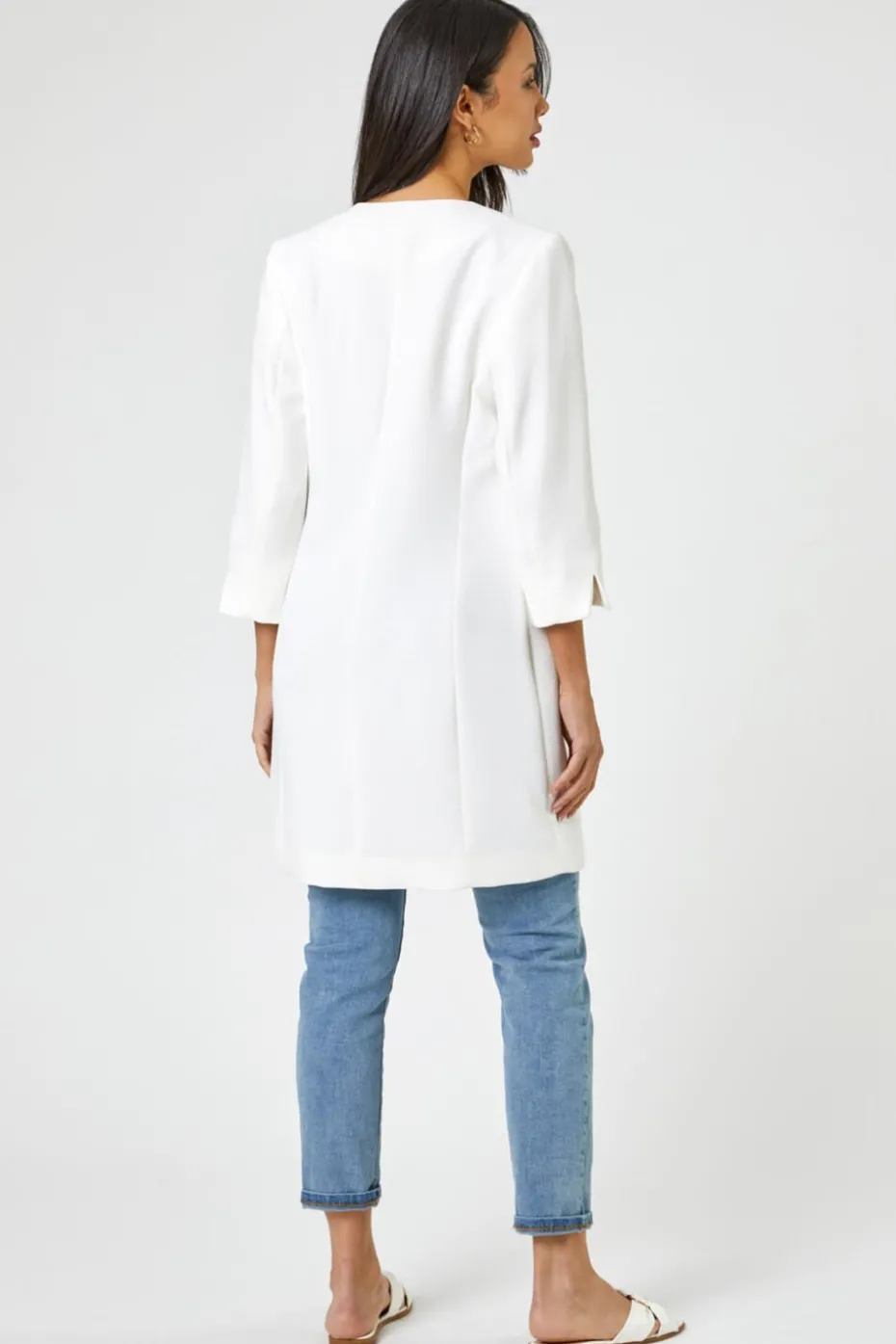 Roman Ivory 3/4 Sleeve Textured Longline Jacket