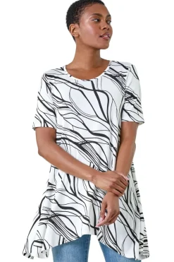 Roman Ivory Abstract Hanky Hem Stretch Tunic Top