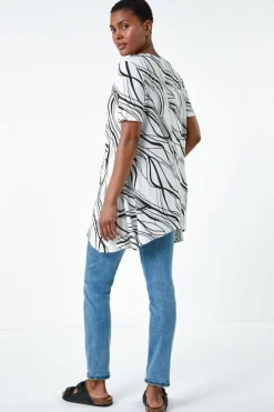 Roman Ivory Abstract Hanky Hem Stretch Tunic Top