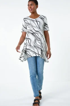 Roman Ivory Abstract Hanky Hem Stretch Tunic Top