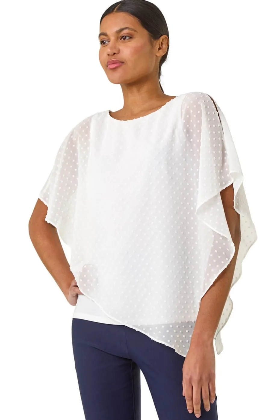 Roman Ivory Asymmetric Dobby Overlay Top