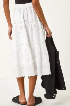 Roman Ivory Broderie Cotton A Line Midi Skirt