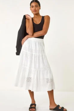 Roman Ivory Broderie Cotton A Line Midi Skirt
