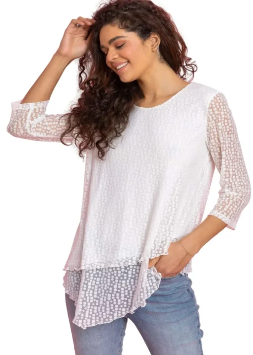 Roman Ivory Burnout Print Asymmetric Stretch Top