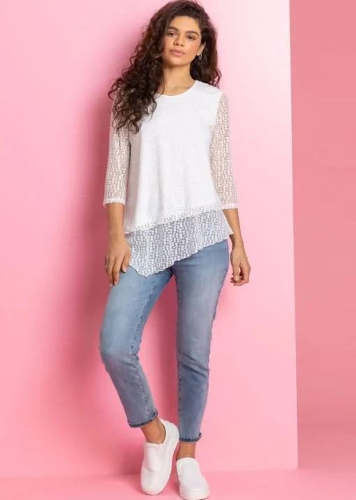 Roman Ivory Burnout Print Asymmetric Stretch Top