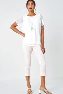 Roman Ivory Chiffon Jersey Chiffon Blouson Top with Necklace