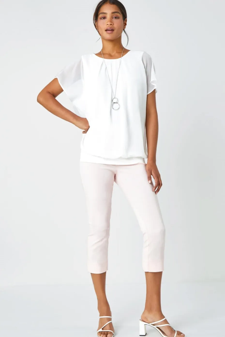 Roman Ivory Chiffon Jersey Chiffon Blouson Top with Necklace