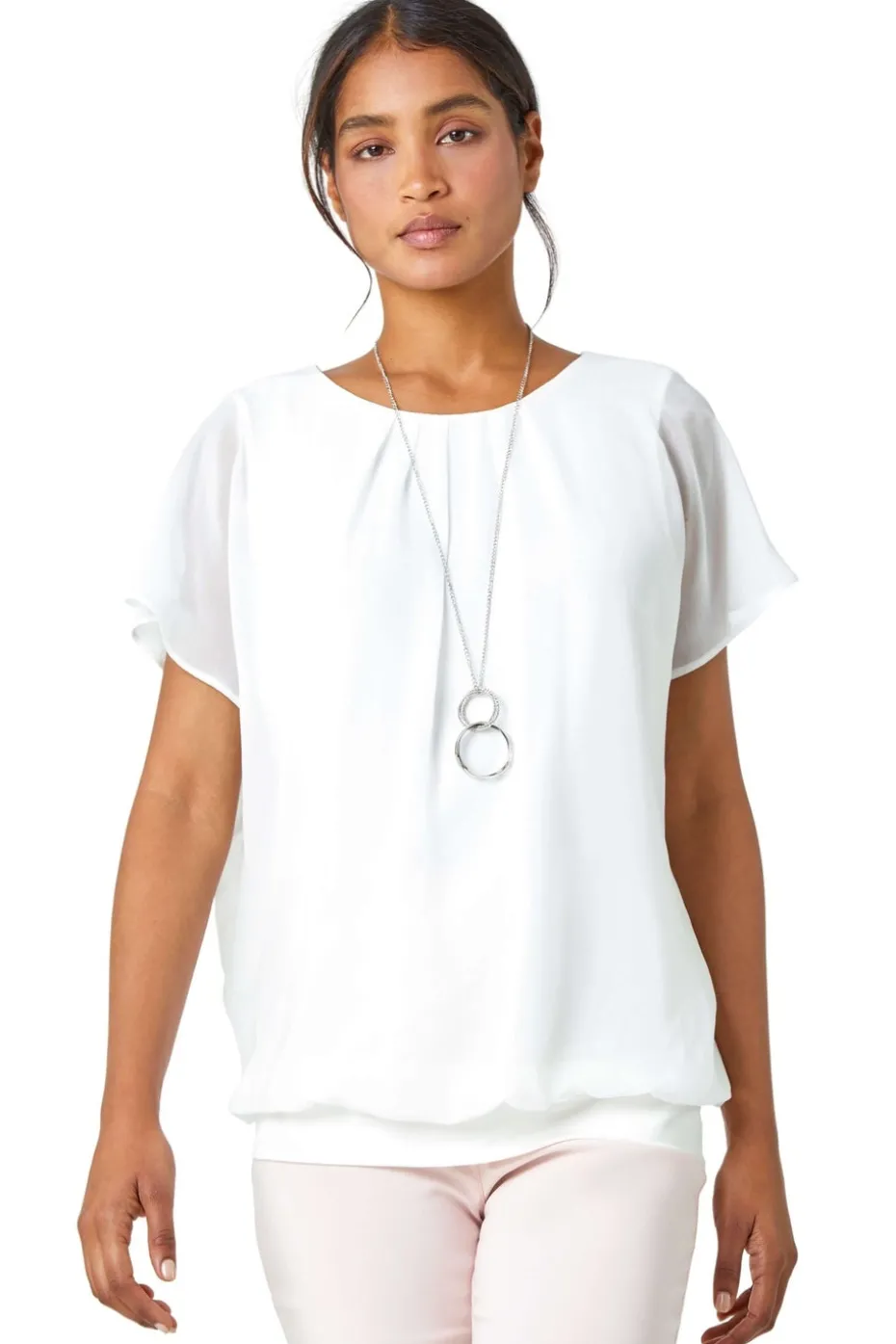 Roman Ivory Chiffon Jersey Chiffon Blouson Top with Necklace