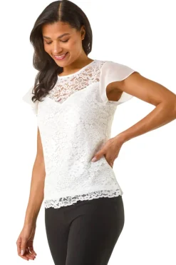 Roman Ivory Chiffon Sleeve Floral Lace Top