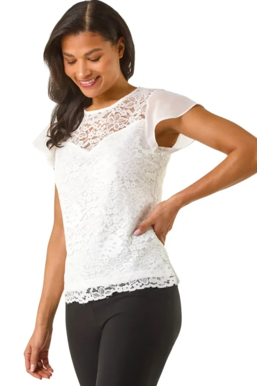 Roman Ivory Chiffon Sleeve Floral Lace Top
