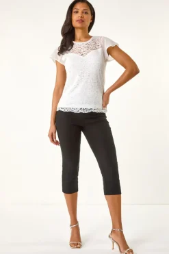 Roman Ivory Chiffon Sleeve Floral Lace Top