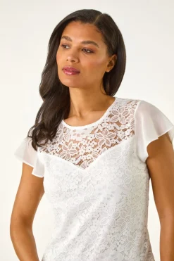 Roman Ivory Chiffon Sleeve Floral Lace Top