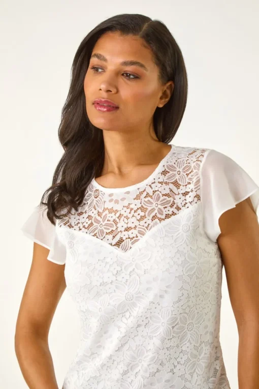 Roman Ivory Chiffon Sleeve Floral Lace Top