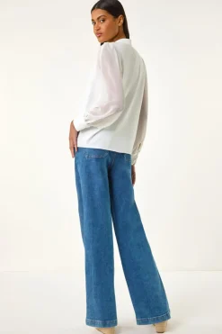Roman Ivory Chiffon Sleeve V-Neck Pleated Top