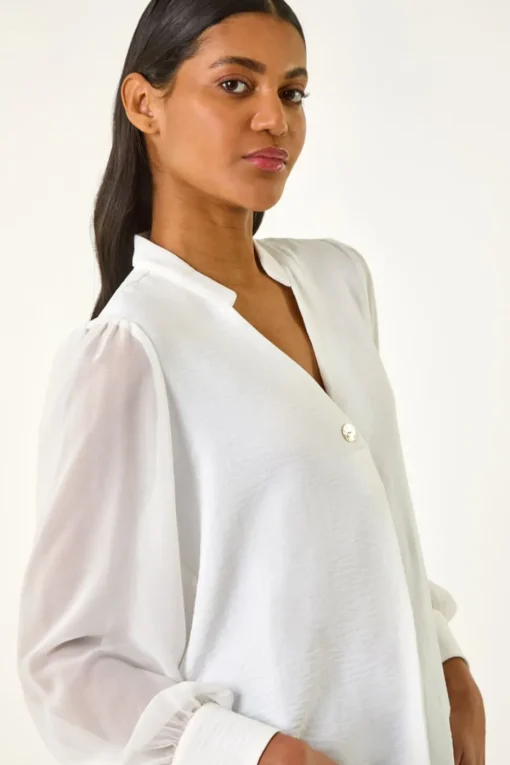 Roman Ivory Chiffon Sleeve V-Neck Pleated Top